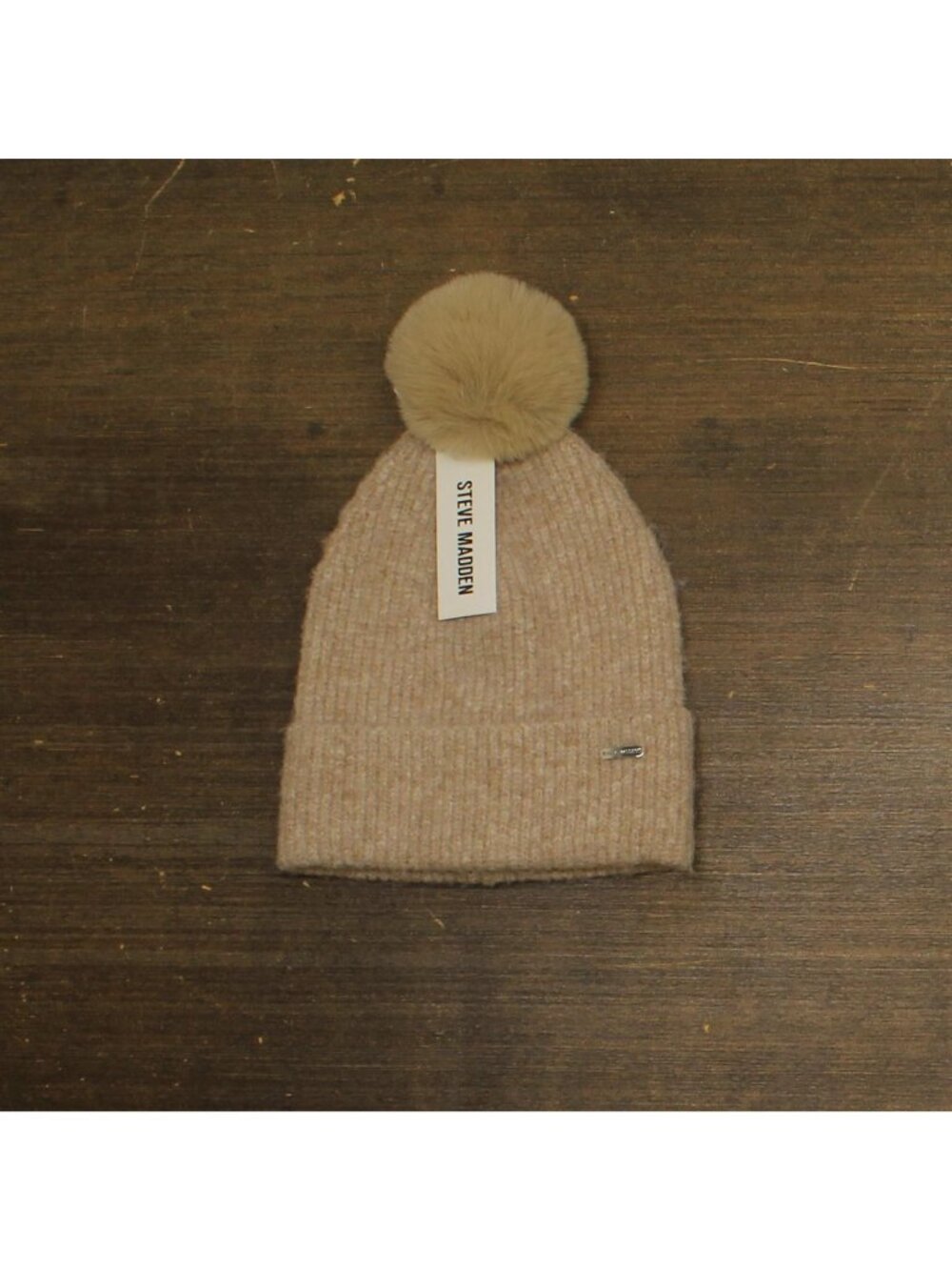 NWT Steve Madden Fine Rib Knit Faux Fur Pom Beanie SMA5075M Oat Brown